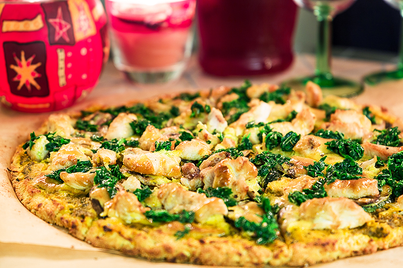 Valley Eats: Pesto Chicken Pizza with Flax Seed Parmesan Crust